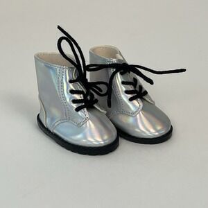 American Girl Doll Shoes Silver Metallic Ankle Boots Lace Up Fashion